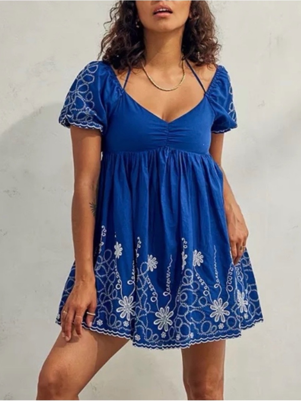 Urban Outfitters Blue Embroidered Babydoll Halterneck Mini Dress